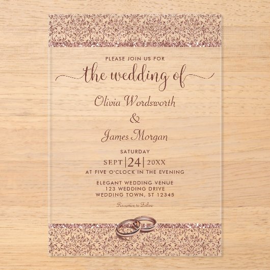 バラエレガント金ゴールドグリッターダマスウェディング アクリル招待状 (正面)