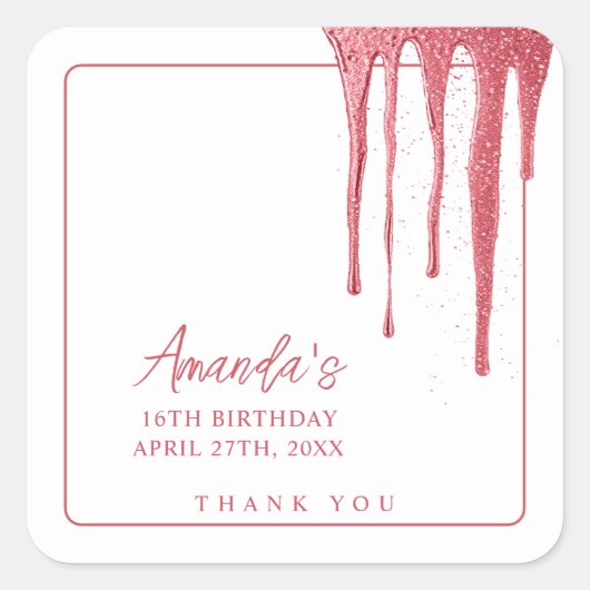 バラエレガント金ゴールドグリッタードリップスウィート16誕生日 スクエアシール (正面)