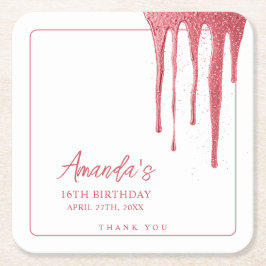 バラエレガント金ゴールドグリッタードリップスウィート16誕生日 スクエアペーパーコースター