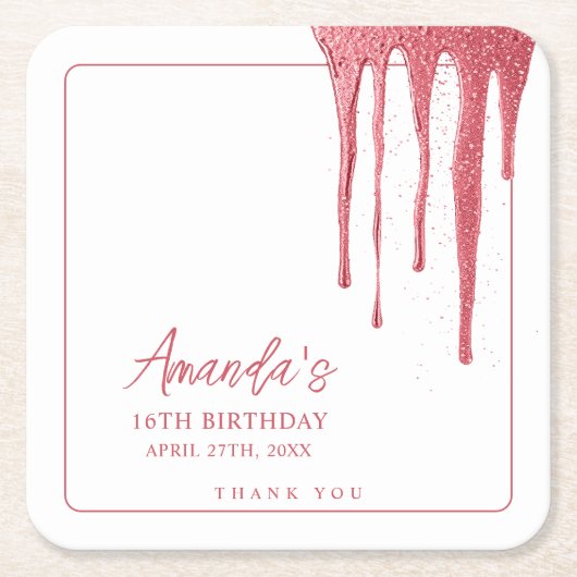 バラエレガント金ゴールドグリッタードリップスウィート16誕生日 スクエアペーパーコースター (正面)