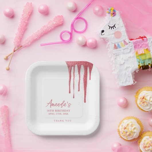 バラエレガント金ゴールドグリッタードリップスウィート16誕生日 ペーパープレート (パーティー)