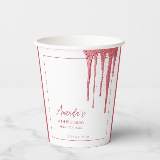バラエレガント金ゴールドグリッタードリップスウィート16誕生日 紙コップ (正面)