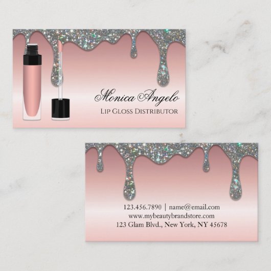 バラエレガント金ゴールドグリッタードリップリップグロスをテーマにした 名刺 (正面/裏面)