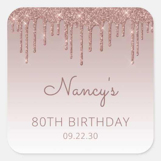 バラエレガント金ゴールドグリッタードリップ80th誕生日パーティー スクエアシール (正面)