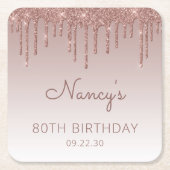 バラエレガント金ゴールドグリッタードリップ80th誕生日パーティー スクエアペーパーコースター (正面)