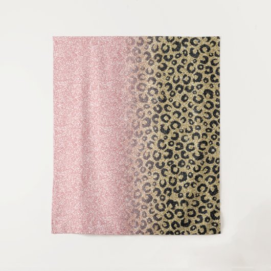 バラエレガント金ゴールドグリッターブラックレオパードプリント タペストリー (正面)