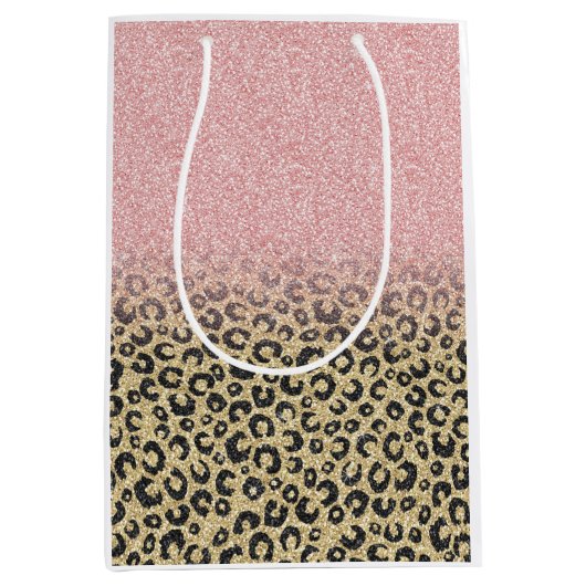 バラエレガント金ゴールドグリッターブラックレオパードプリント ミディアムペーパーバッグ (正面)