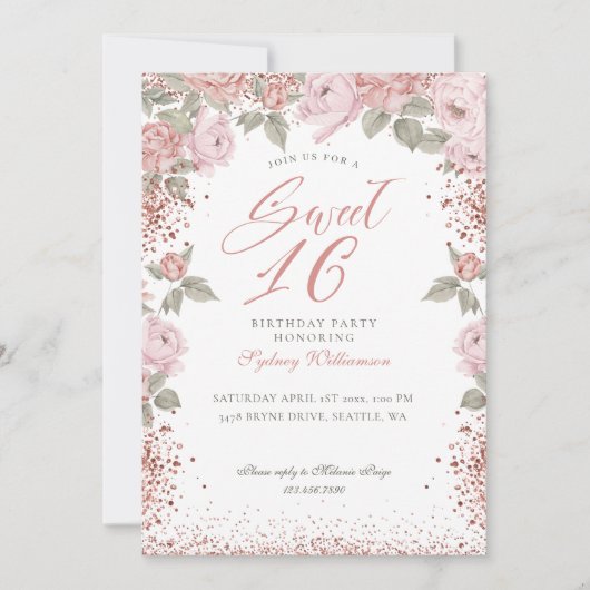 バラエレガント金ゴールドグリッター牡丹花模様スウィート16 招待状 (正面)