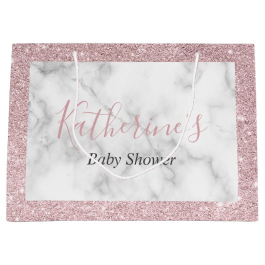 バラエレガント金ゴールドグリッター白大理石ベビーシャワー ラージペーパーバッグ (正面)