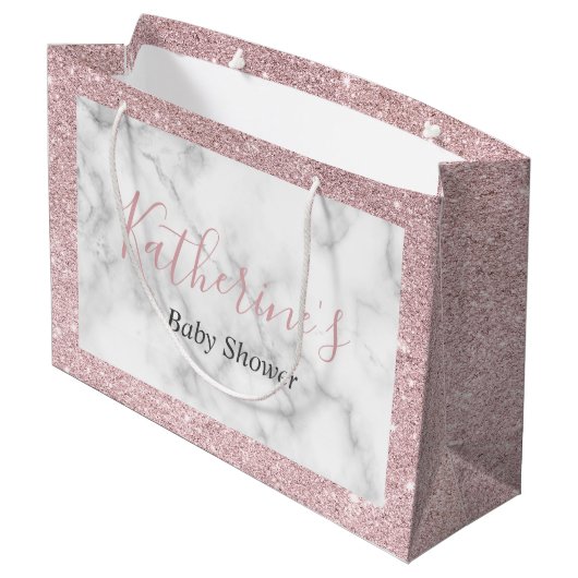 バラエレガント金ゴールドグリッター白大理石ベビーシャワー ラージペーパーバッグ (裏面アングル)