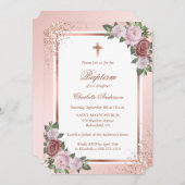 バラエレガント金ゴールドグリッター赤面ピンクガールバプティズム 招待状 (正面/裏面)