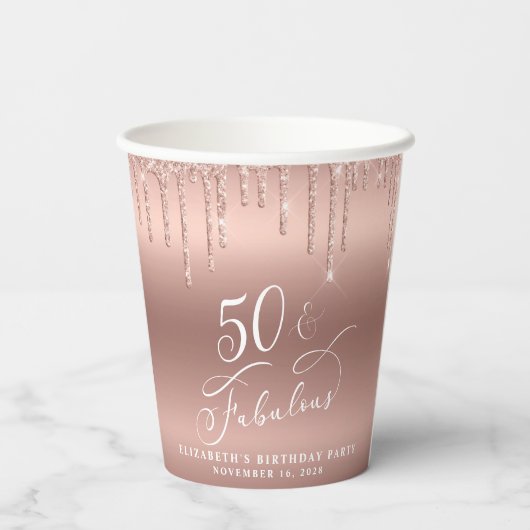 バラエレガント金ゴールドグリッター50th誕生日パーティー 紙コップ (裏面)