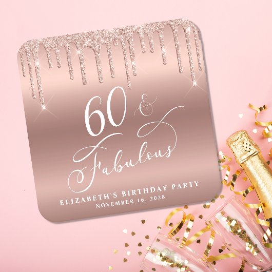 バラエレガント金ゴールドグリッター60th誕生日パーティー スクエアペーパーコースター
