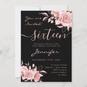 バラエレガント金ゴールドスウィート16グリッターフローラブラック 招待状 (正面)