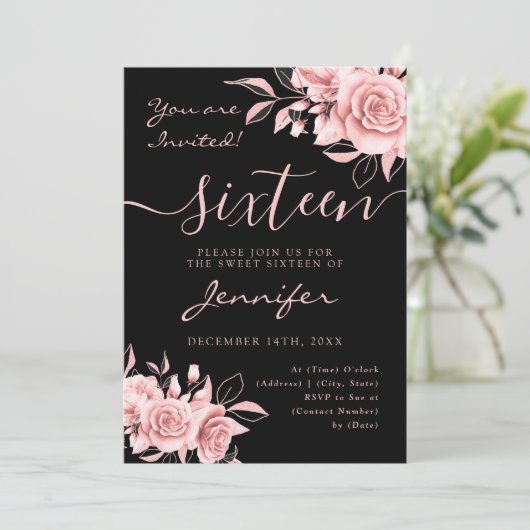バラエレガント金ゴールドスウィート16グリッターフローラブラック 招待状 (スタンド正面)