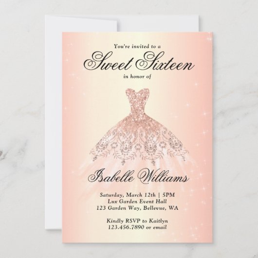 バラエレガント金ゴールドスウィート16バースデーパーティー 招待状 (正面)