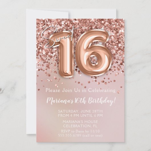 バラエレガント金ゴールドスウィート16thバースデーパーティー 招待状 (正面)