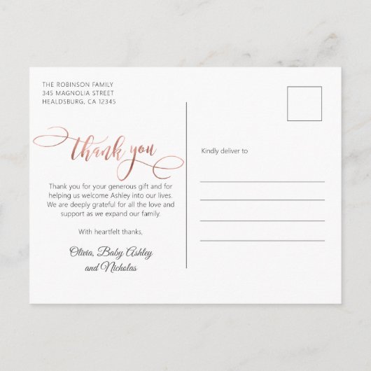 バラエレガント金ゴールドスクリプト新生児写真ありがとう ポストカード (裏面)