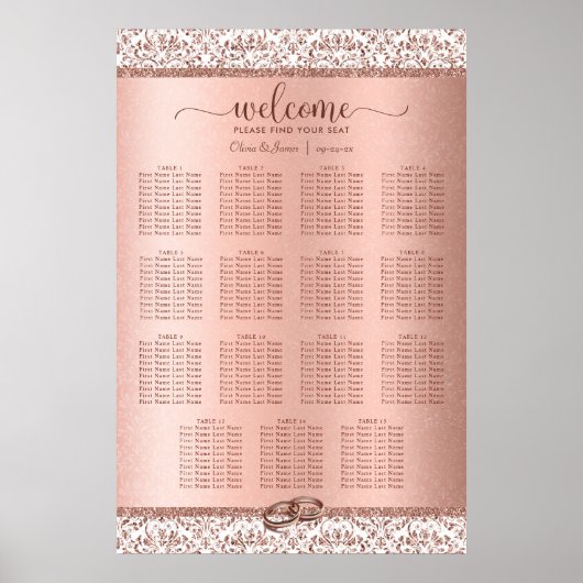 バラエレガント金ゴールドダマスクウェディング15シーティングチャート ポスター (正面)