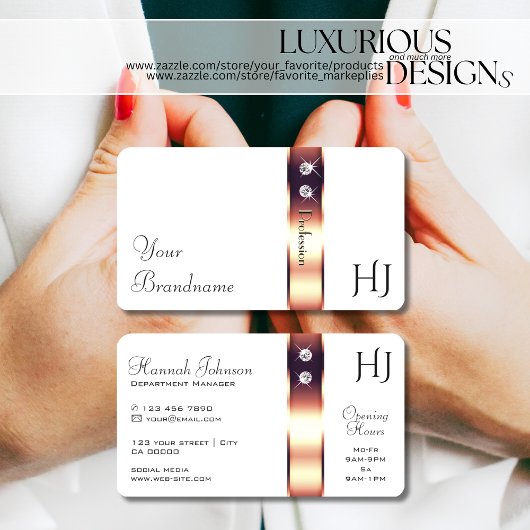 バラエレガント金ゴールドデコールオンホワイトダイヤモンドイニシャル 名刺