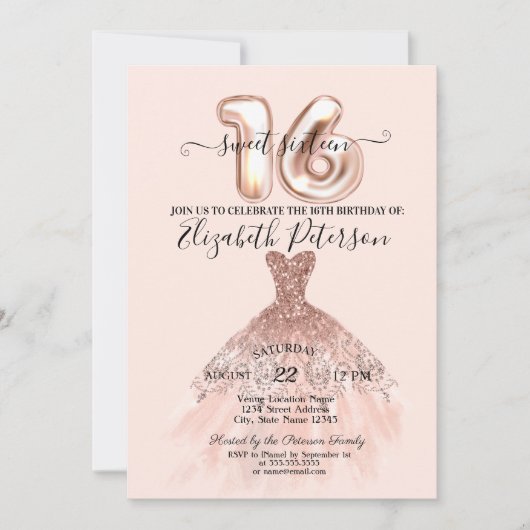 バラエレガント金ゴールドドレス紙吹雪クリームスウィート16 招待状 (正面)