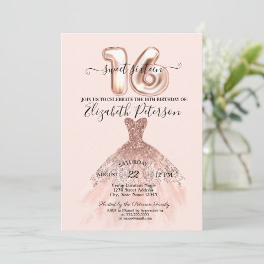 バラエレガント金ゴールドドレス紙吹雪クリームスウィート16 招待状 (スタンド正面)