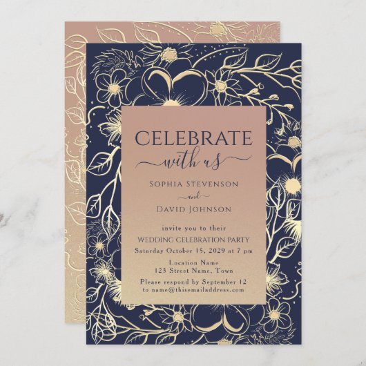 バラエレガント金ゴールドネイビーウェディングレセプション 招待状 (正面/裏面)