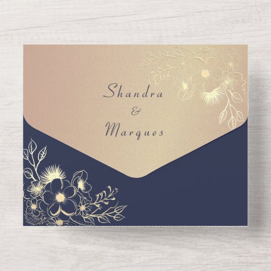 バラエレガント金ゴールドネイビーフローラオールインワン招待状 オールインワン招待状 (裏面)