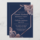 バラエレガント金ゴールドネイビーブルーフローラフレームスウィート16 招待状 (正面/裏面)