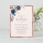 バラエレガント金ゴールドネイビーブルー赤面ピンクフローラ 招待状 (スタンド正面)