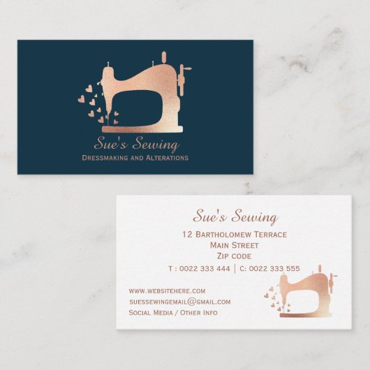バラエレガント金ゴールドネイビー裁縫機 名刺 (正面/裏面)