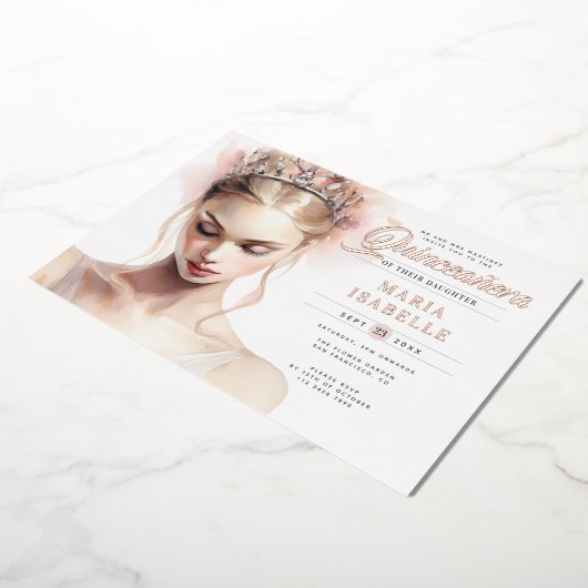 バラエレガント金ゴールドピンクキンセアニェラパーティー 箔招待状 (回転した状態)