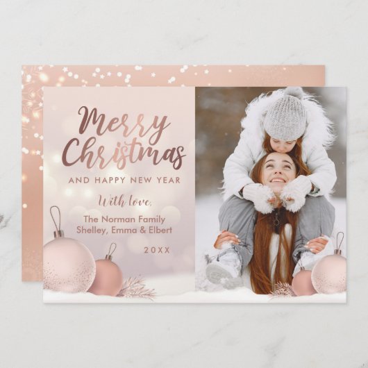 バラエレガント金ゴールドピンククリスマスオーナメントフォト シーズンカード (正面/裏面)