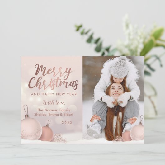 バラエレガント金ゴールドピンククリスマスオーナメントフォト シーズンカード (スタンド正面)