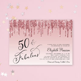 バラエレガント金ゴールドピンクグリッター50th誕生日パーティー 招待状