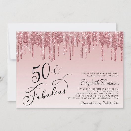 バラエレガント金ゴールドピンクグリッター50th誕生日パーティー 招待状 (正面)