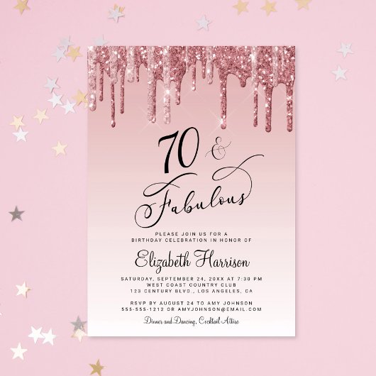 バラエレガント金ゴールドピンクグリッター70th誕生日パーティー 招待状