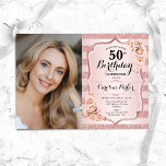 バラエレガント金ゴールドピンク写真50誕生日 招待状<br><div class="desc">エレガントフローラ50歳のフェミニン誕生日の招待状と写真。グラム赤面ピンクデザインとフェイクグリッターバラ金ゴールド。機能ストライプ、赤いバラ、スクリプトフォントと紙吹雪。大人スタイリッシュのお祝いパーティーに最適。独自の詳細でパーソナライズどんなカスタマイズ年でもいい！印刷されたZazzle招待状または即時ダウンロードのデジタル印刷可能なテンプレート。</div>