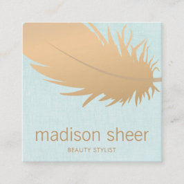 バラエレガント金ゴールドフェザーターコイズブルーリネン スクエア名刺