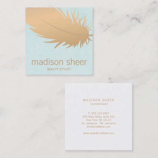 バラエレガント金ゴールドフェザーターコイズブルーリネン スクエア名刺 (正面/裏面)