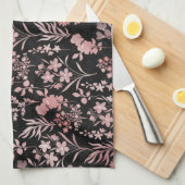 バラエレガント金ゴールドフラワーズブラックボタニカル キッチンタオル (四つ折り)