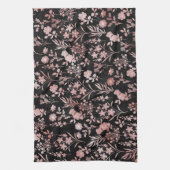 バラエレガント金ゴールドフラワーズブラックボタニカル キッチンタオル (縦)