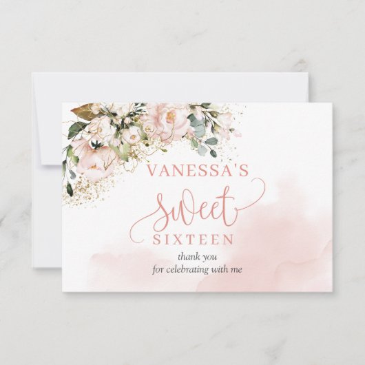 バラエレガント金ゴールドフローラセージ16th誕生日パーティー サンキューカード (正面)