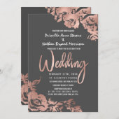 バラエレガント金ゴールドフローラダークグレ結婚ーズ 招待状 (正面/裏面)