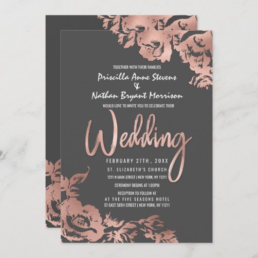 バラエレガント金ゴールドフローラダークグレ結婚ーズ 招待状 (正面/裏面)