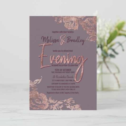バラエレガント金ゴールドフローラパープルマウーブ夕べ 招待状 (スタンド正面)