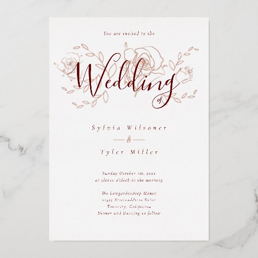 バラエレガント金ゴールドフローラホワイトブルガン結婚ディFo 箔招待状 (正面)