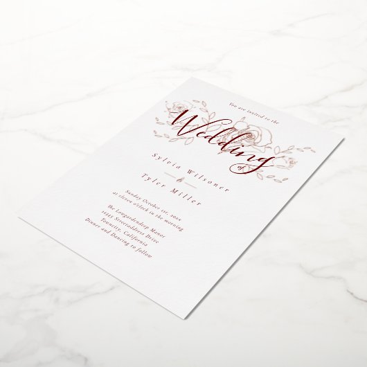 バラエレガント金ゴールドフローラホワイトブルガン結婚ディFo 箔招待状 (回転した状態)