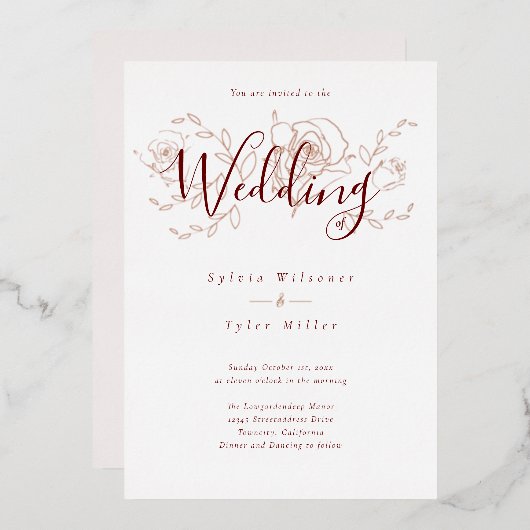 バラエレガント金ゴールドフローラホワイトブルガン結婚ディFo 箔招待状 (正面/裏面)