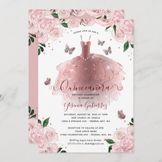 バラエレガント金ゴールドフローラルキンセアニラドレス 招待状 (正面/裏面)